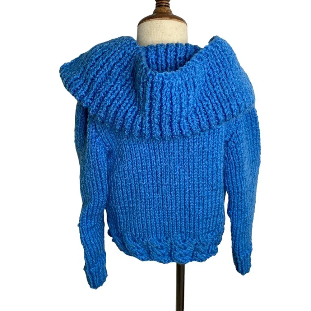 Vintage Handmade Toddler 4T Blue Cable Knit Hooded Cardigan Sweater Full Zipper